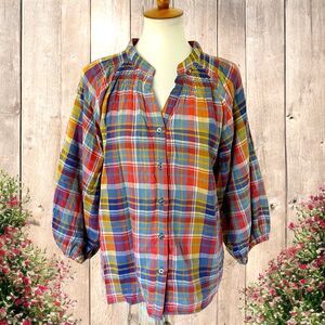 TIME & TRU Womens Size Large Tartan Plaid 3/4 Sleeve V Neck Button Up Shirt Top
